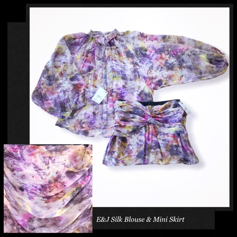 ELIZABETH&JAMES Sheer Silk Blouse & Mini Skirt Set